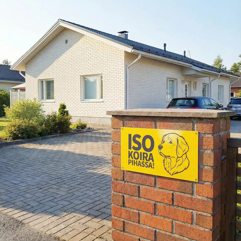 Iso koira pihassa kyltti